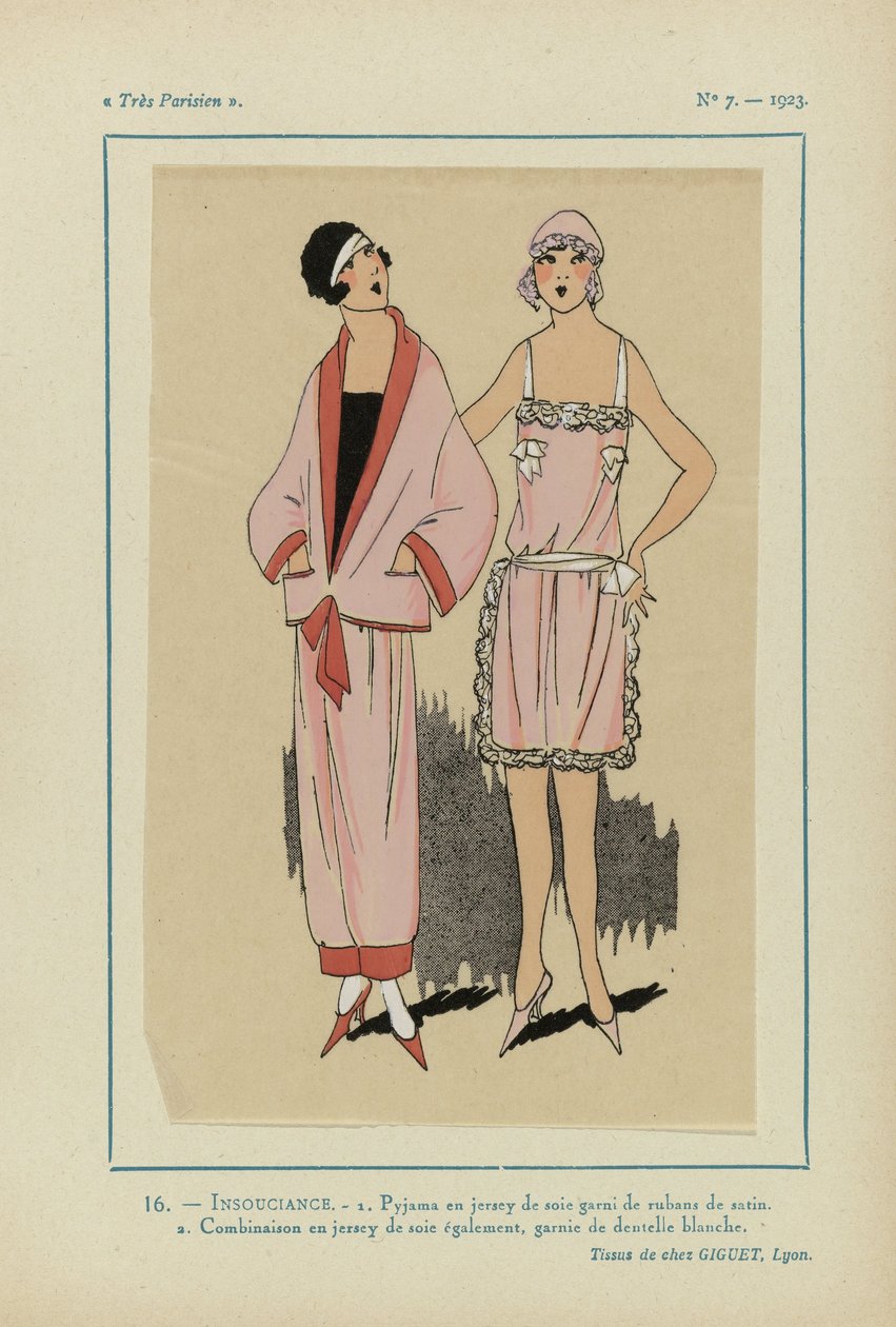 Très Parisien, 1923, No. 7: 16. - 1. Pijamas em camisola de seda... de Anonymous