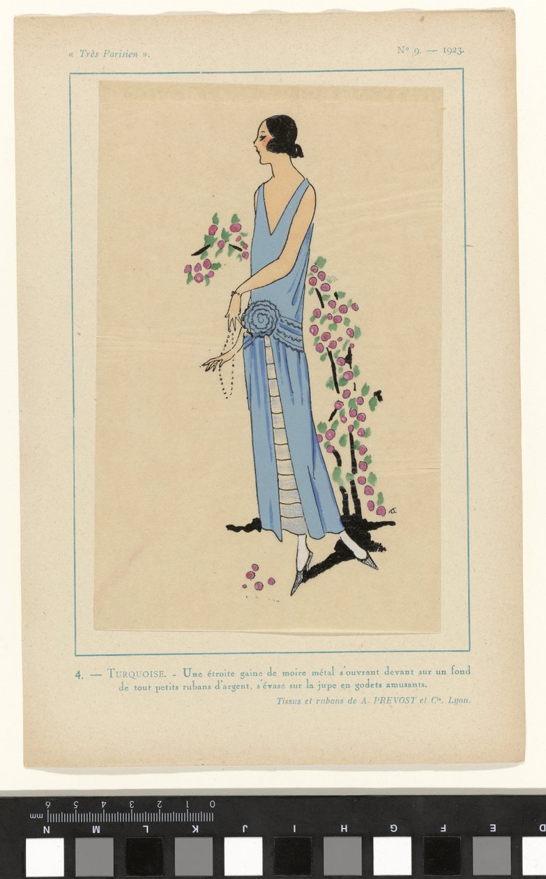 Très Parisien, 1923, No. 9: 4 - TURQUOISE. - Uma bainha estreita de moiré... de Anonymous