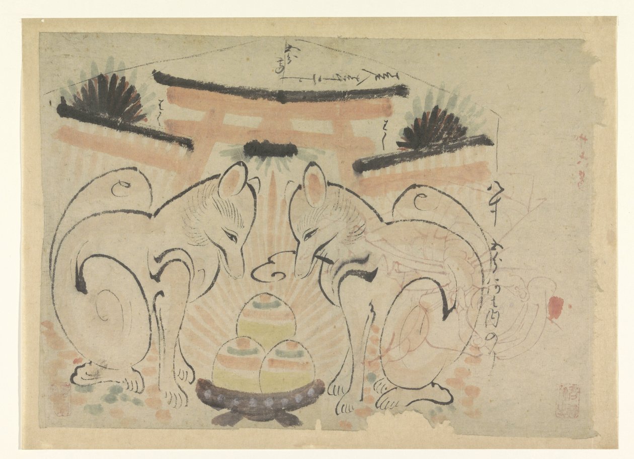 Duas raposas em um templo japonês de Anonymous