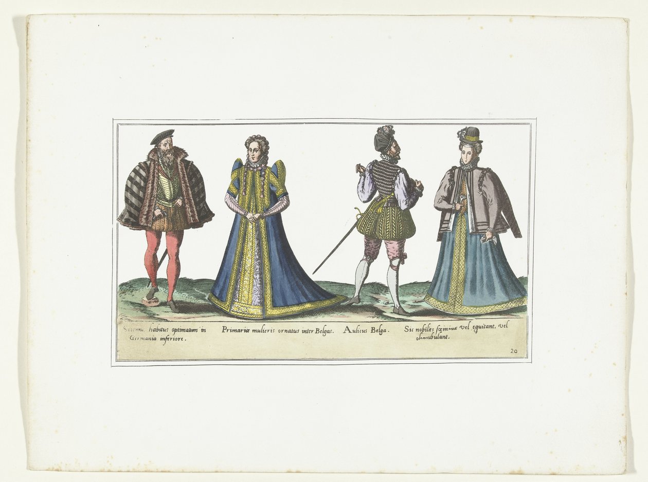 Duas mulheres e dois homens vestidos de acordo com a moda na Renânia do Norte-Vestefália e Flandres, c. 1580
Fantasias Bas-Allemands et Flamands (título sobre o objecto) de Anonymous