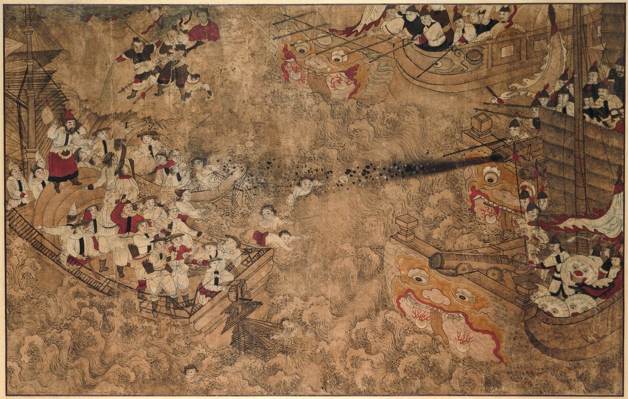Dois navios holandeses desarmados sob ataque de três navios chineses armados com canhões De uma série de pinturas sobre os milagres realizados por Mazu (título da série) de Anonymous
