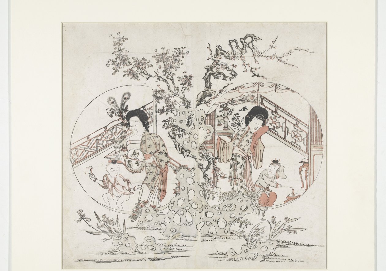 Estampa composta por duas partes, representando: à esquerda o verão com íris e malus e à direita o inverno com narcisos e prunus (gravura de Ano Novo) de Anonymous