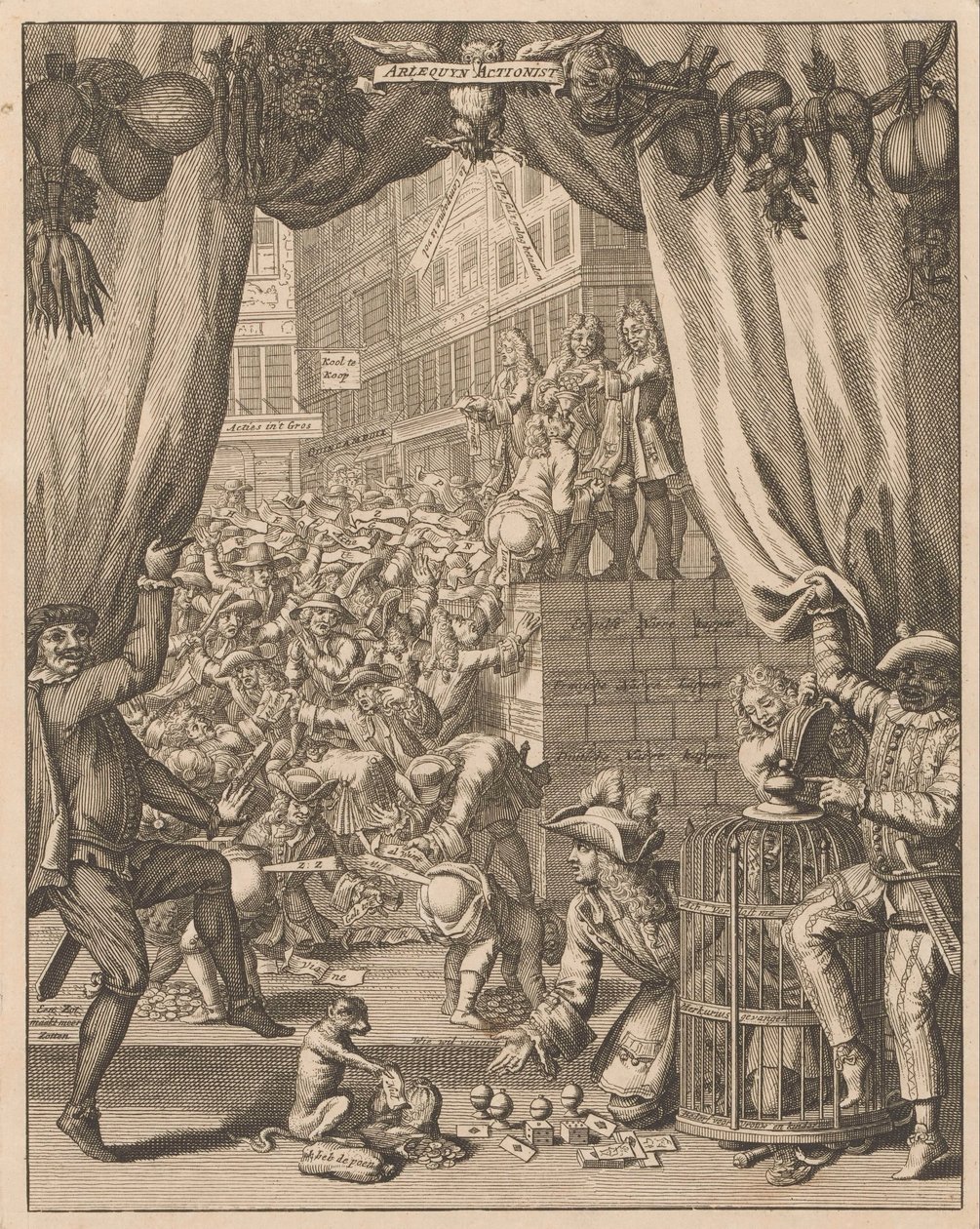 Explicação da placa Arlequim Actionist, 1720 Arlequyn Actionist (título no objeto) Explicação do Tytelplaat, para Arlequyn Actionist (título no objeto) A Grande Cena da Loucura (título da série) de Anonymous