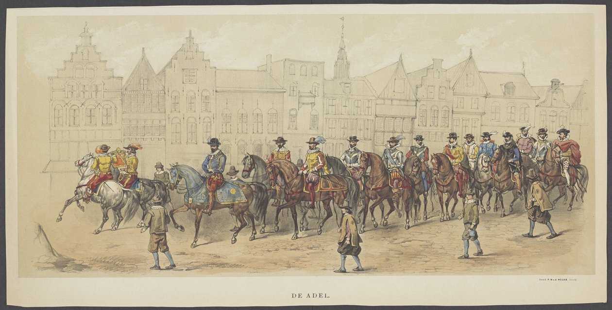 mascarada de Utreque, placa a: a nobreza, 1856
A Nobreza. (título sobre o objecto)
Os Fundadores da Liberdade da Holanda, (era William I) apresentados por H.H. membros do corpo estudantil de Utrecht, celebrando o 220º aniversário do Utrechtse Hooge de Anonymous
