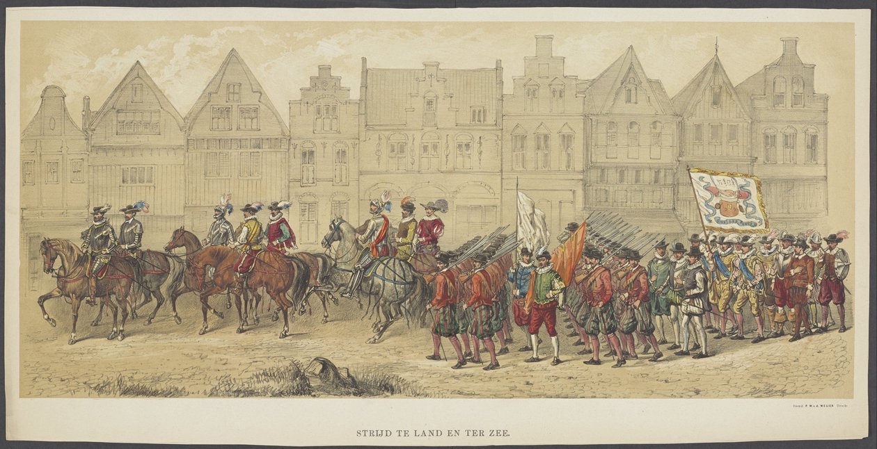 mascarada de Utrecht, placa b: batalha em terra e no mar, 1856
Batalha em terra e no mar (título sobre o objecto)
Os Fundadores da Liberdade da Holanda, (era William I) apresentados por H. H. membros do corpo estudantil de Utrecht, em celebração dos 220 de Anonymous