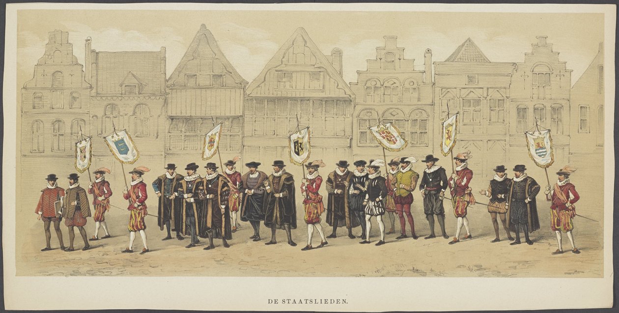 Máscara de Utrecht, placa c: Statesmen, 1856 The Statesmen (título no objeto) The Founders of Dutch Freedom, (tempo de William I) apresentado por H.H. membros do corpo estudantil de Utrecht, em comemoração ao 220º aniversário da Universidade de Utrecht de Anonymous