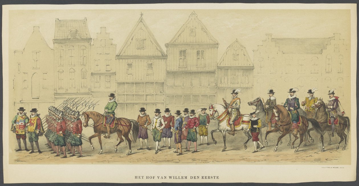 mascarada de Utrecht, placa d: o tribunal, 1856
O Tribunal de Guilherme, o Primeiro (título sobre o objecto)
Os Fundadores da Liberdade da Holanda, (idade de Guilherme I) apresentados por H.H. membros do corpo estudantil de Utrecht, em celebração do seu  de Anonymous