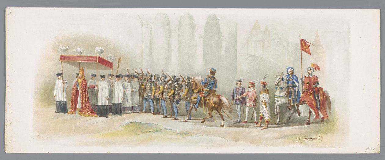 Utrecht Masquerade de 1876 (terceira placa) XLVIII. Lustrum da Escola Secundária de Utrecht. Entrada do Duque Carlos, o Temerário em Zutfen, IV Augusto MCCCCLXXIII. Procissão fantasiada de Heeren Studenten, realizada em Utrecht em 27 de junho de 1876 (títu de Anonymous