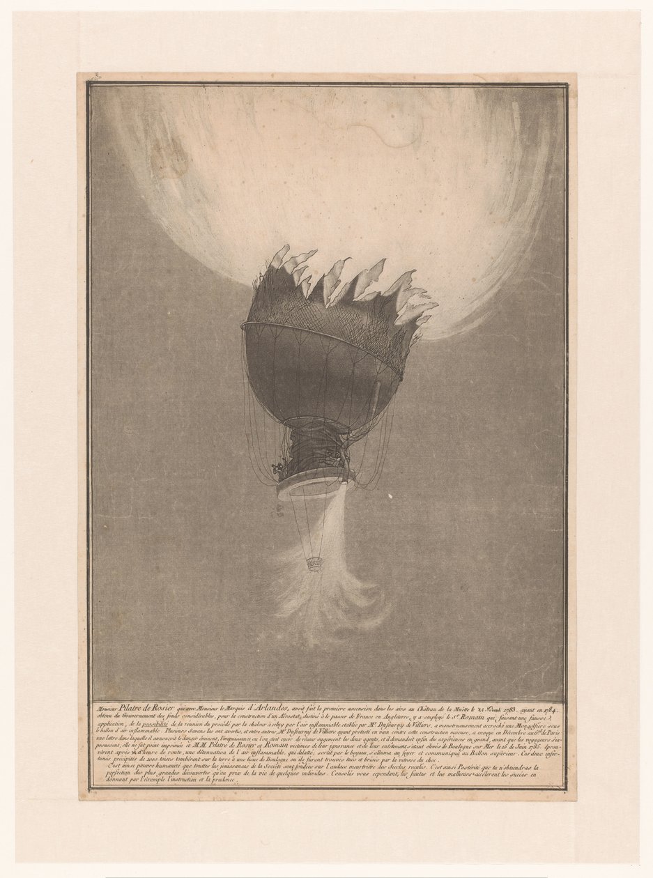 Verongelukken van de luchtballon van Pilatre de Rozier en Romain boven Boulogne, 15 de junho de 1785 Ascensão devastada por Pilatre de Rosier e Romain, no Château de la Muette em 21 de novembro de 1783, tendo obtido fundos consideráveis ​​do governo em 178 de Anonymous