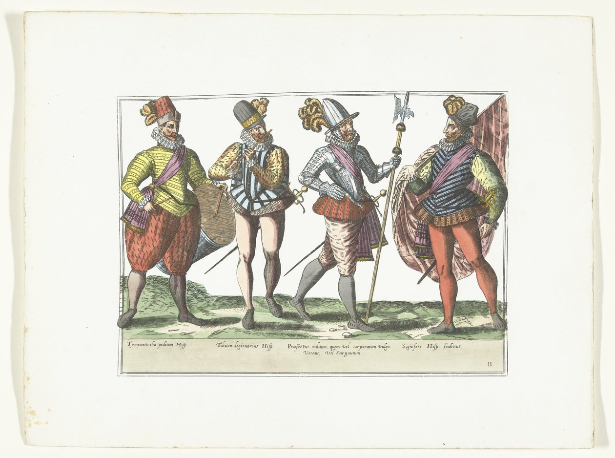 Quatro soldados espanhóis de uniforme, c. 1580 Trajes militares Espagnols (título no objeto) de Anonymous