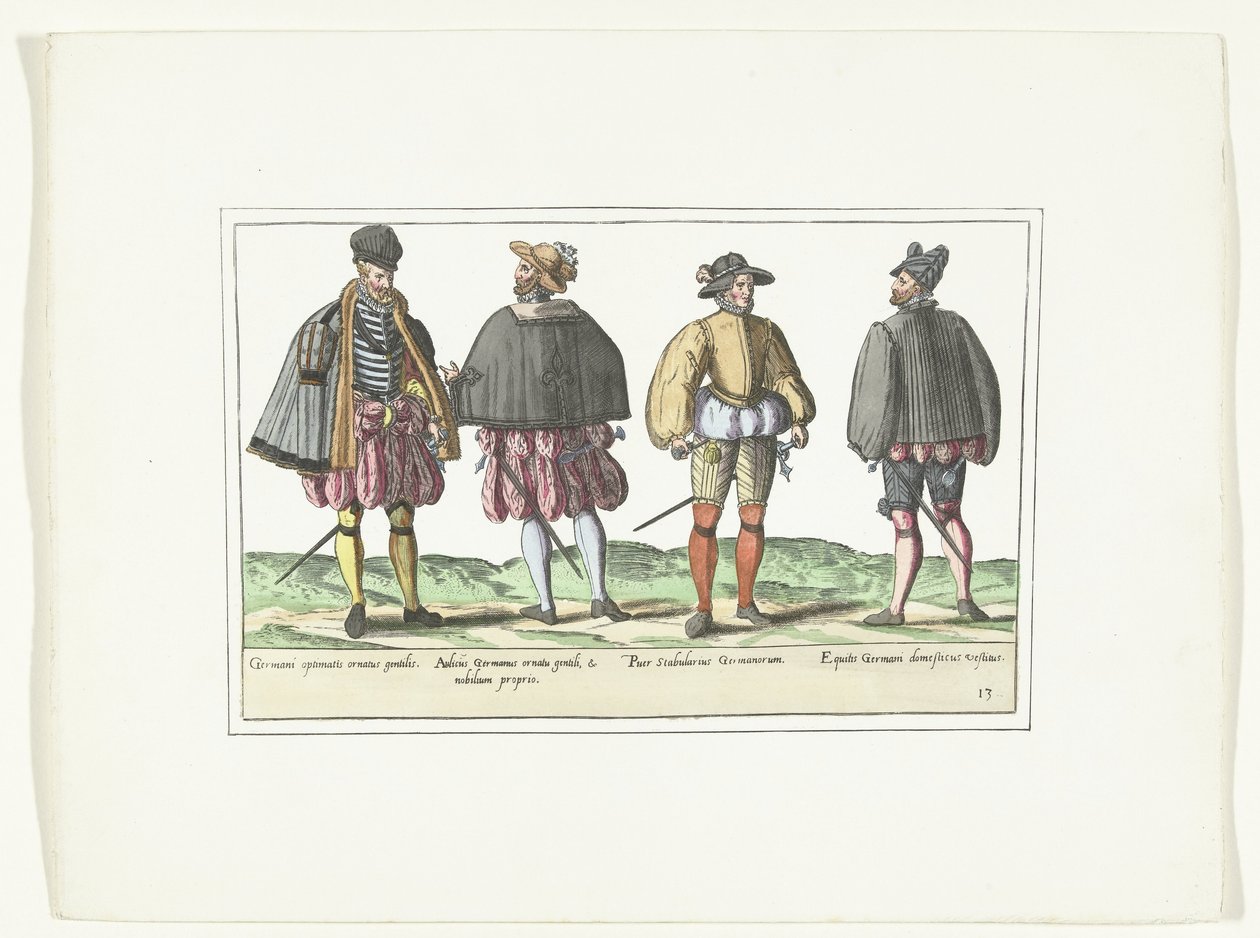 Quatro homens vestidos à moda alemã, c. 1580 Costumes Allemands (título no objeto) de Anonymous