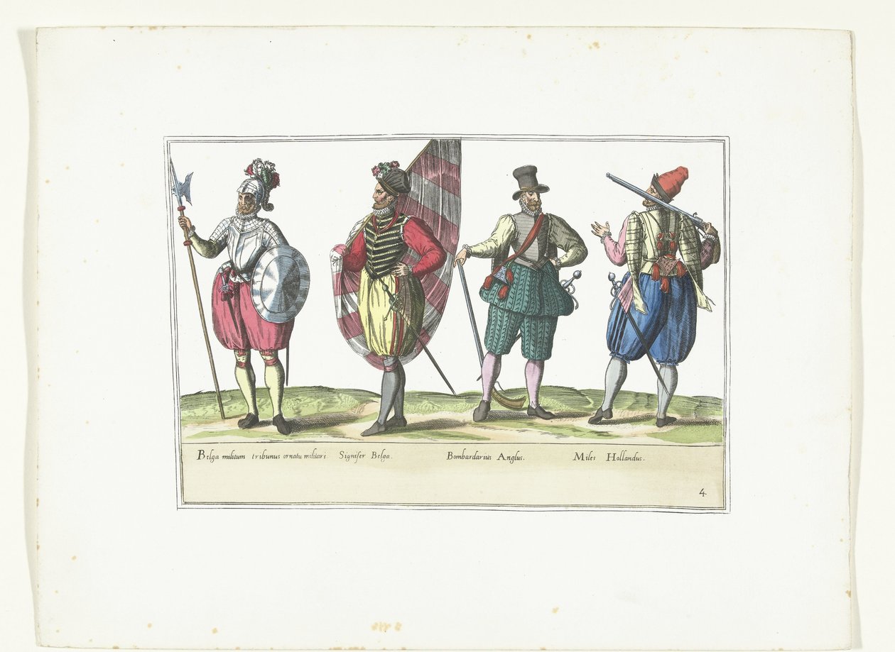Quatro soldados de uniforme de acordo com a moda nos Países Baixos e Inglaterra, c. 1580
Costumes militaires des Pays-Bas (título sobre o objecto) de Anonymous