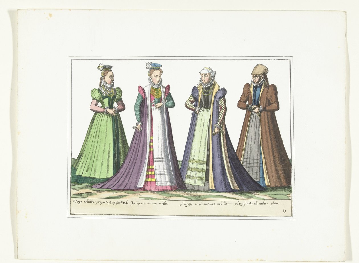 Quatro mulheres vestidas à moda alemã em Augsburg, c. 1580 Costumes Allemands (título no objeto) de Anonymous