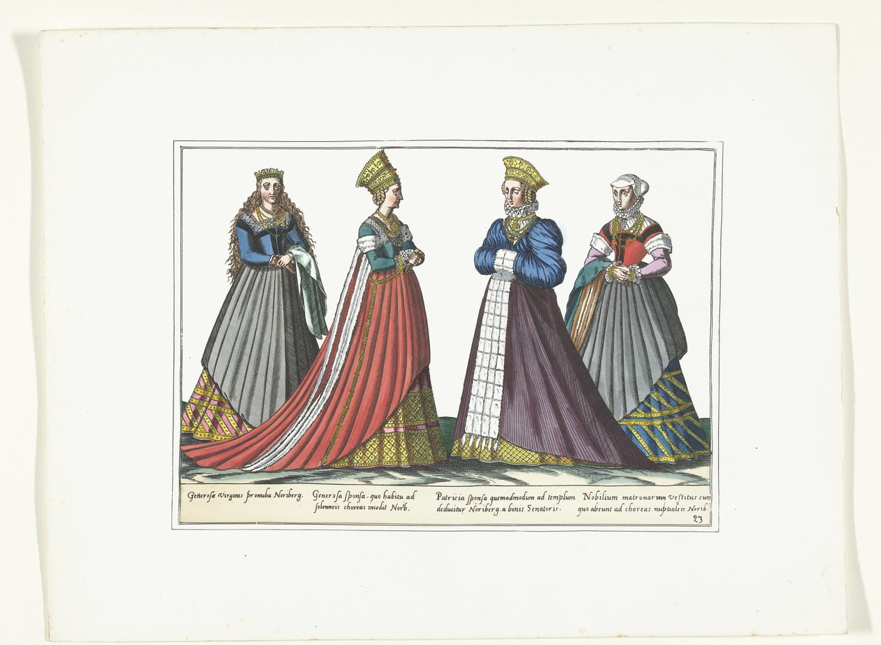 Quatro mulheres vestidas de acordo com a moda alemã em Nuremberga, c. 1580
Fantasias Allemands (título sobre o objecto) de Anonymous