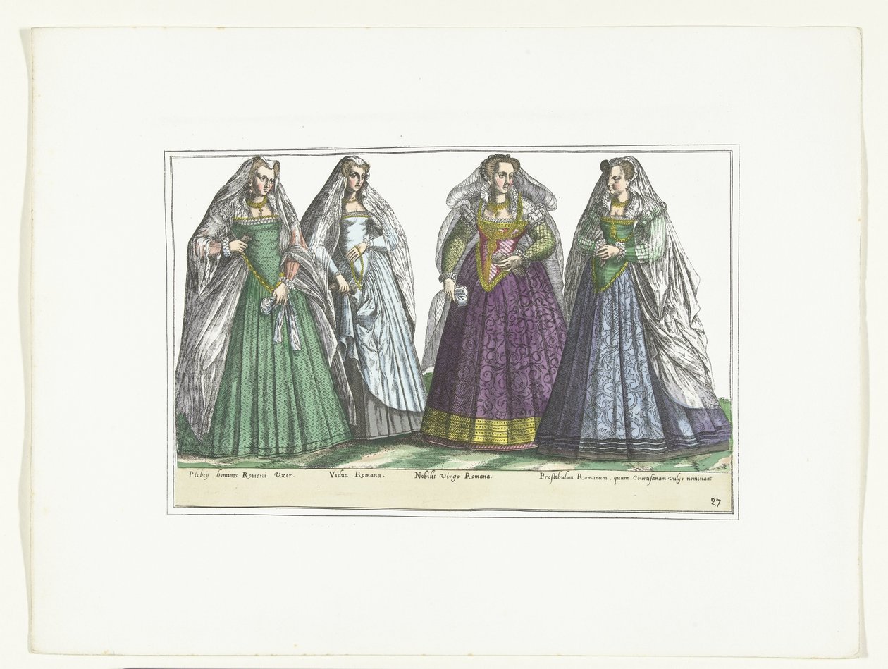 Quatro mulheres vestidas de acordo com a moda romana, c. 1580
Fantasias Italiens (título sobre o objecto) de Anonymous