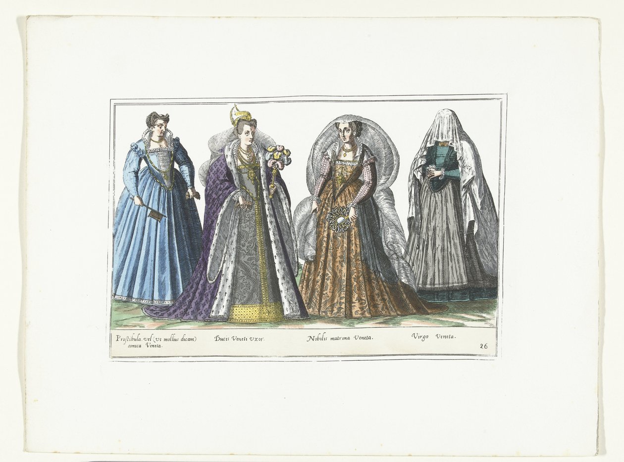 Quatro mulheres vestidas de acordo com a moda veneziana, c. 1580
Fantasias Italiens (título sobre o objecto) de Anonymous