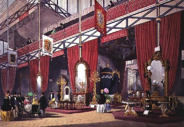 Vista da seção de móveis da Grande Exposição, 1851 (impressão colorida) de Anonymous