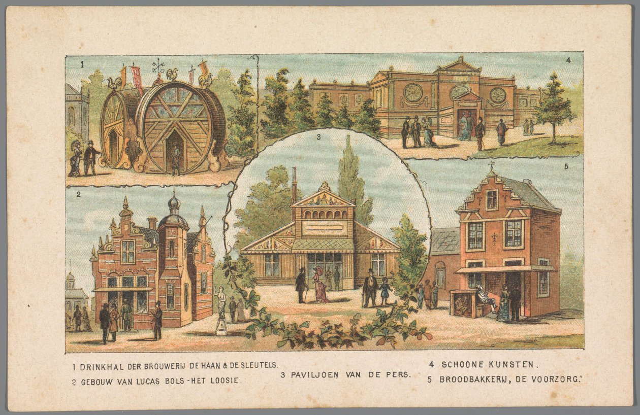 Cinco pavilhões na Feira Mundial em Amesterdão, 1883
1 Sala de bebidas da cervejaria De Haan & De Keys. 2 Edifício de Lucas Bols - Het Loosie. 3 Pavilhão da Imprensa. 4 Belas Artes. 5 Padaria De Voorzorg. (título sobre o objecto)
Memória aa de Anonymous