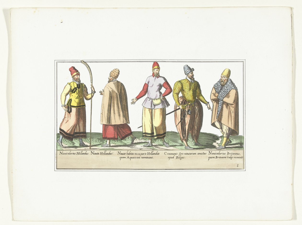 Cinco marinheiros vestidos à moda da Holanda e da Bretanha, c. 1580 Costumes marins (título no objeto) de Anonymous