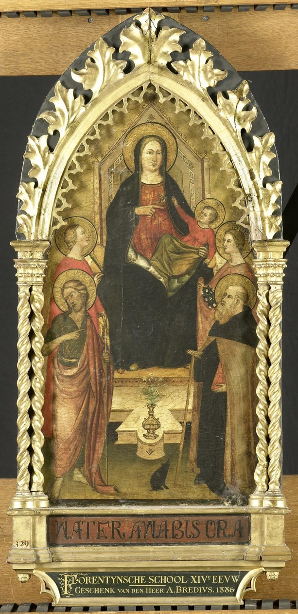 Virgem e Menino Entronizado com Quatro Santos, Santos João Batista, Antony Abbot, Elizabeth da Hungria, uma santa feminina de Anonymous