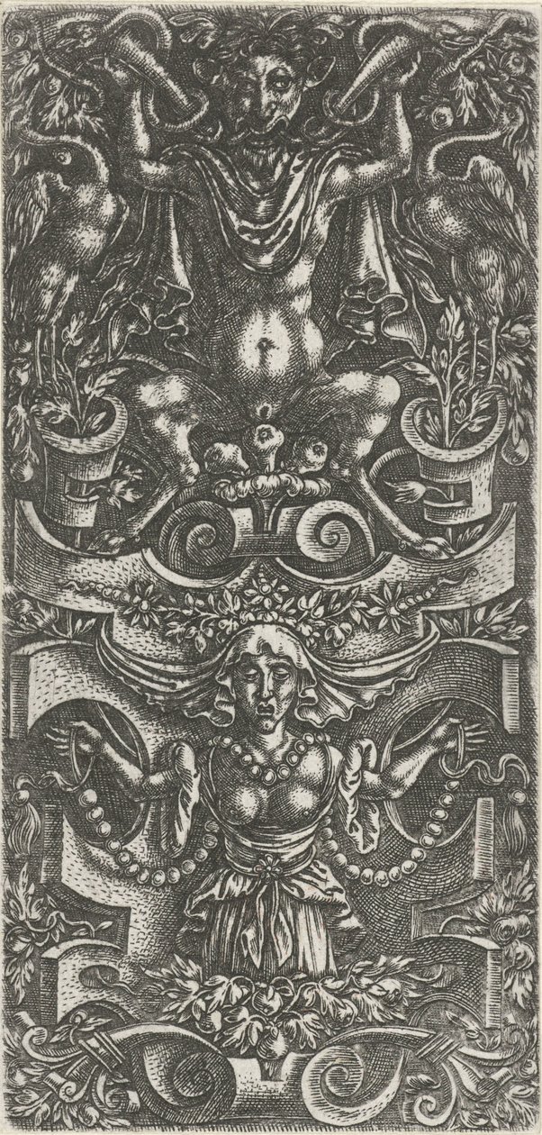 Mulher com um lenço na cabeça e uma guirlanda de contas para uma construção de pergaminho Decorações de superfície com grotescos em arabescos (título da série) de Anonymous