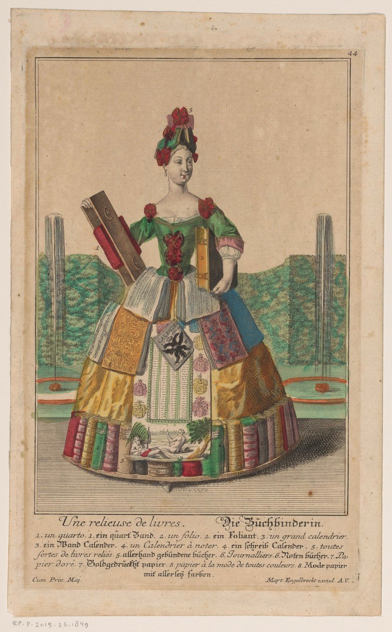 Mulher com uma fantasia de livros Relieur de livres / Der Buchbinder (título no objeto) de Anonymous