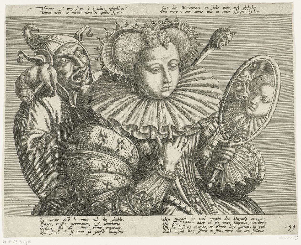 Mulher com espelho e bobo: escárnio do precioso colarinho pregueado, c. 1600 de Anonymous