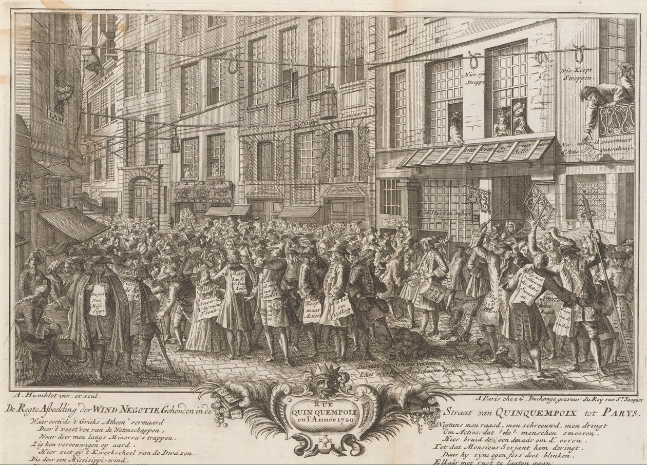 Comércio de vento na Rue Quinquempoix, 1720 De Regte Imagem da Negociação do Vento Realizada no Estreito de Quinquempoix para Parys (título no objeto) A Grande Cena da Loucura (título da série) de Anonymous
