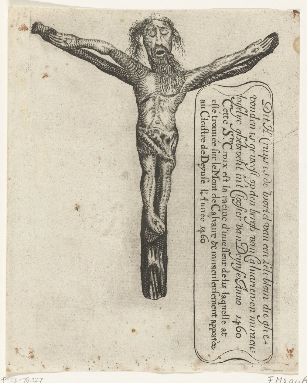 Crucifixo milagroso no mosteiro de Deinze, 1460 Este H. Cruys é a raiz de um Leli-blom que foi encontrado em den Bergh van Calvarien e Miraculeuselyc ghebrocht em Clooster van Deynse Anno 1460 (título no objeto) de Anonymous