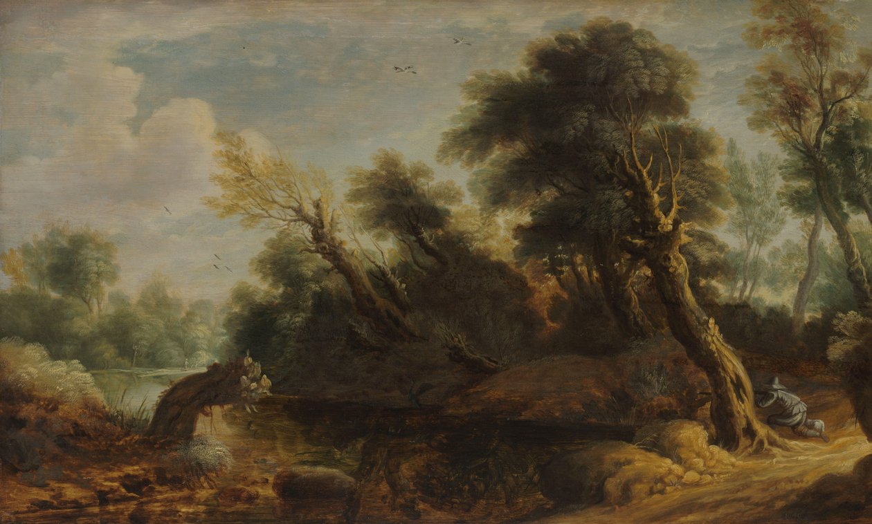 Paisagem arborizada com um Wildfowler por um riacho de Anonymous