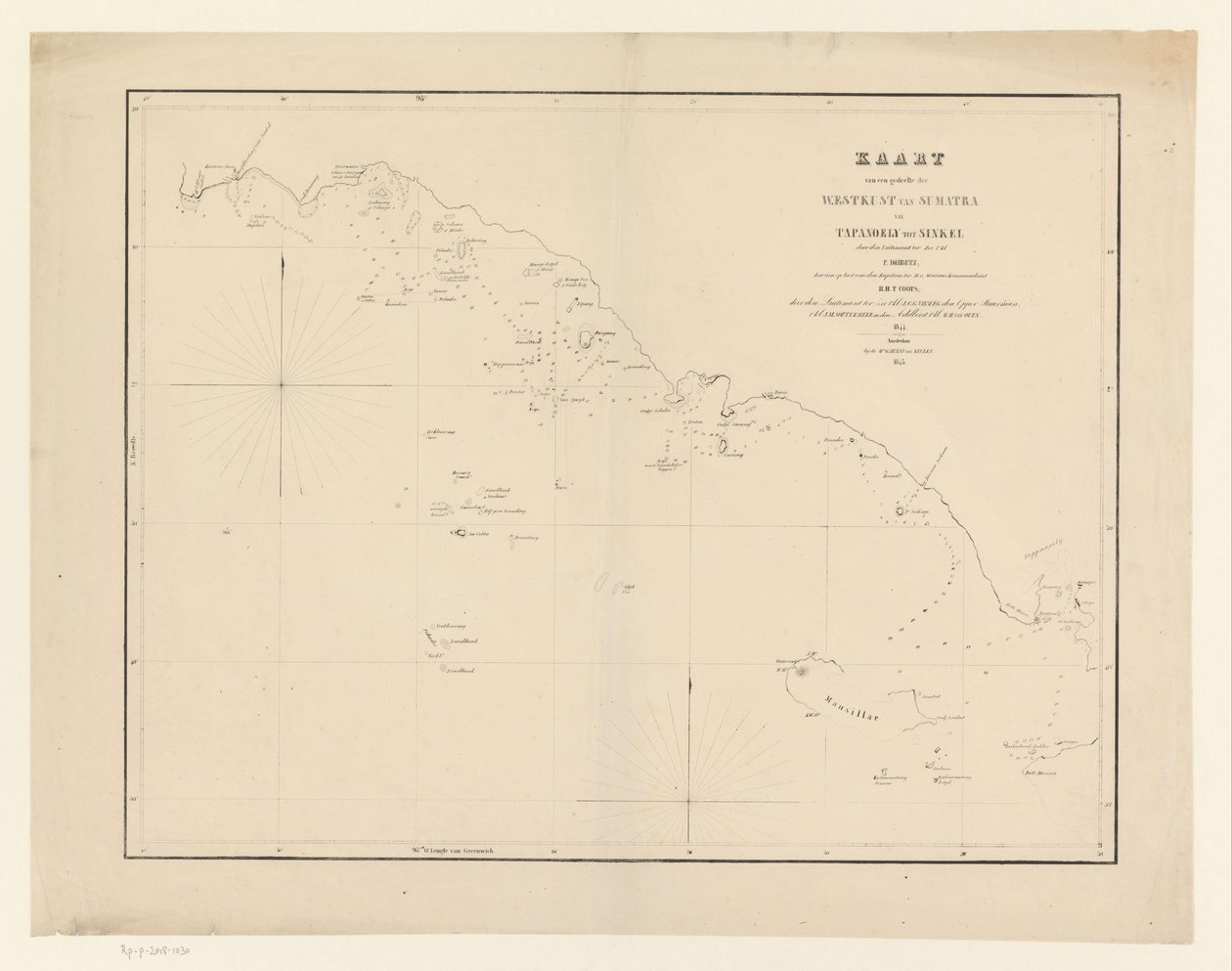 Mapa marítimo de parte da costa ocidental de Sumatra
Mapa marítimo de parte da costa ocidental de Sumatra de Tapanoely a Sinkel (título sobre o objecto) de Anonymous