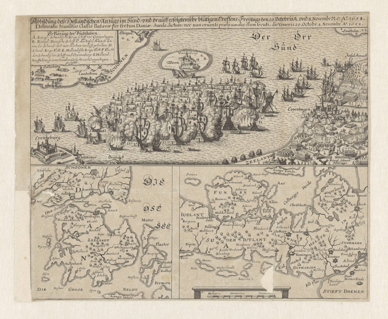 Zeeslag em de Sont, 1658 Foto do terno holandês em Sündt / e reuniões muito sangrentas se seguiram, sexta-feira 29 de outubro A. e 8 de novembro. ... Ao. 1658 (título no objeto) de Anonymous