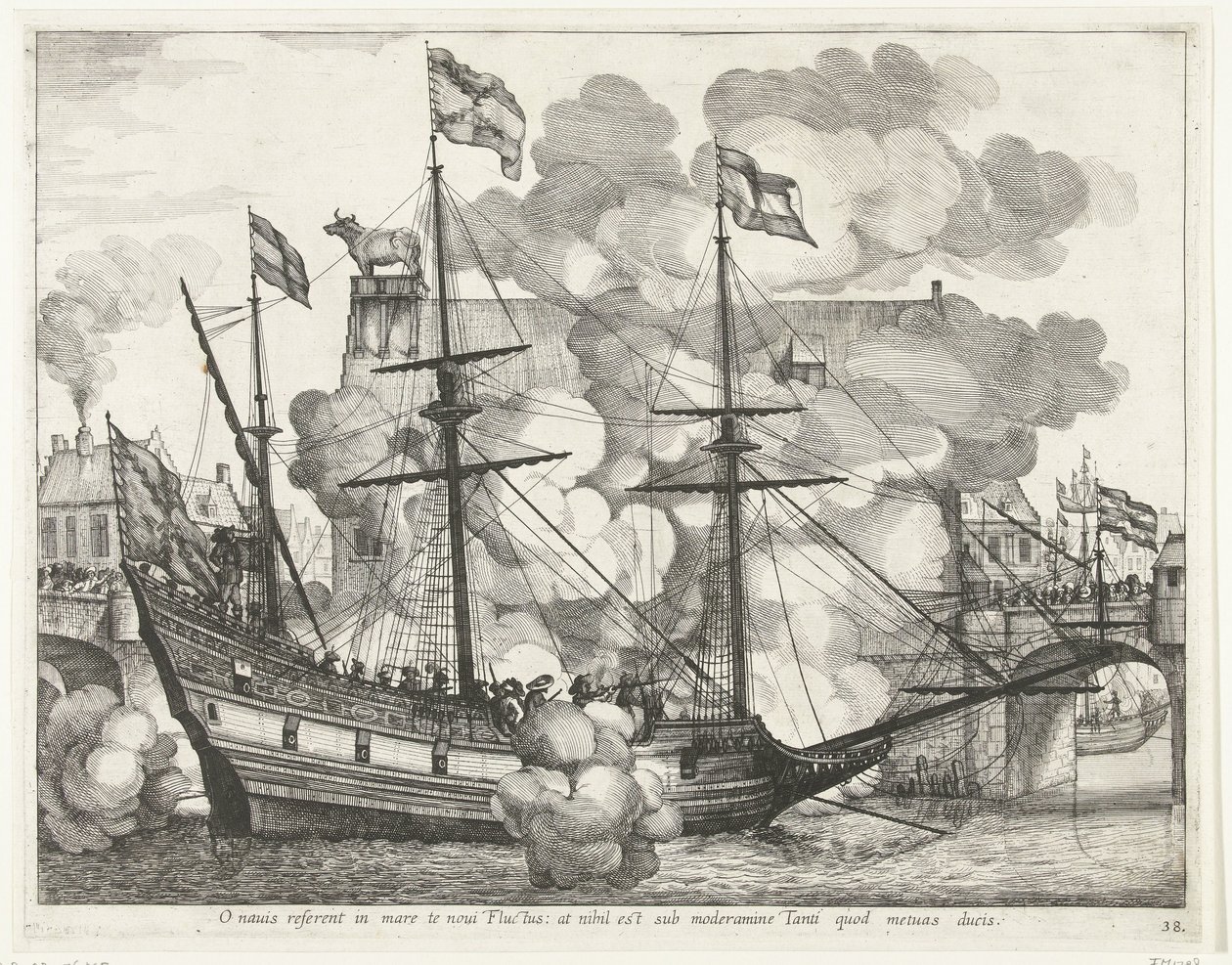 Zeilschip, naar rechts; intocht van Ferdinand te Gent em 1635 (nº 38) Ó navio, novas Ondas o levarão ao mar: mas não há nada sob o controle daquele que você teme conduzir (título no objeto) O navio triunfante de outros marinheiros de Anonymous