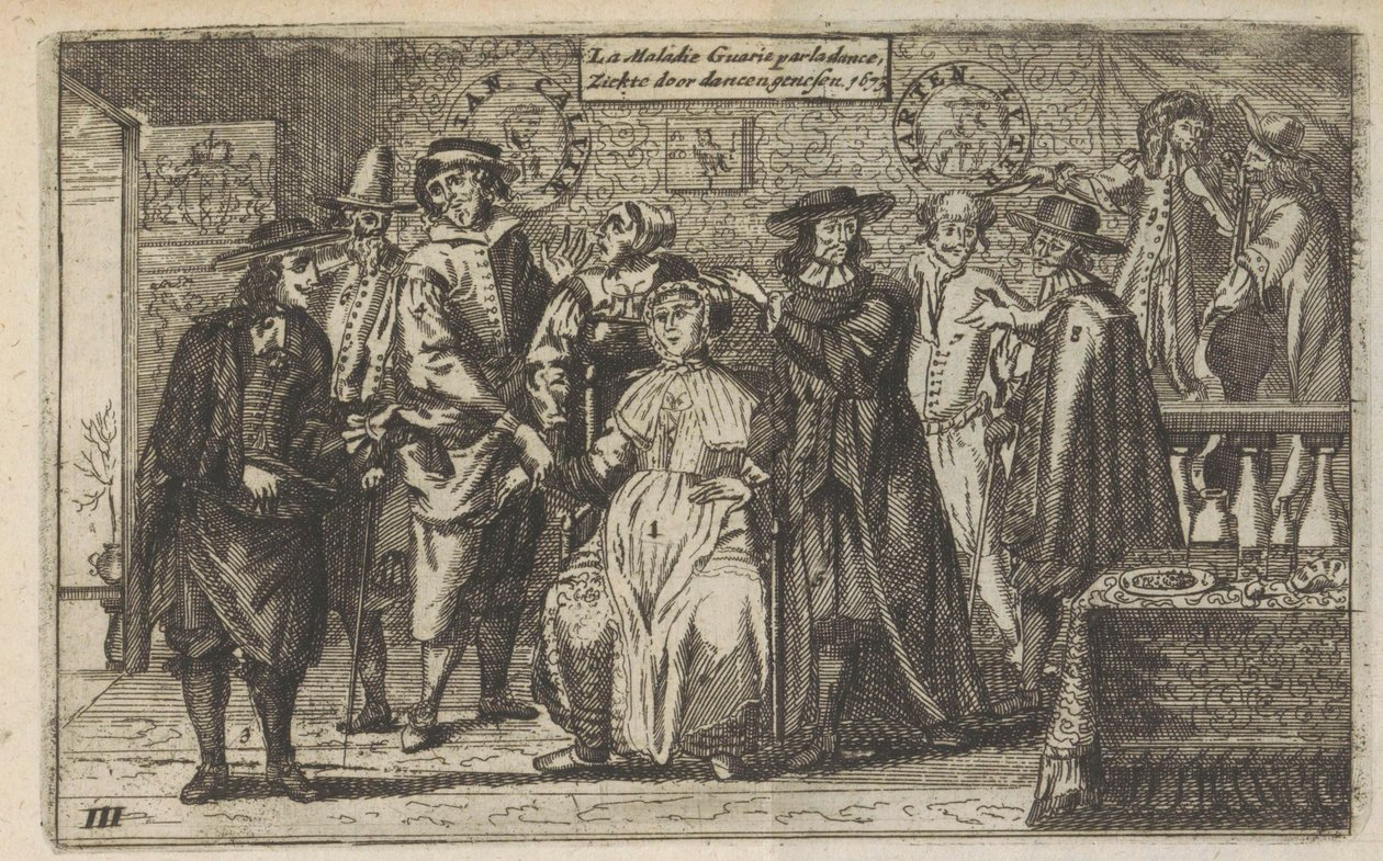 Cura da doença pela dança, 1673
La Maladie Guarie par la dance / Doença curada por dancen genesen. 1673 (título sobre o objecto) de Anonymous