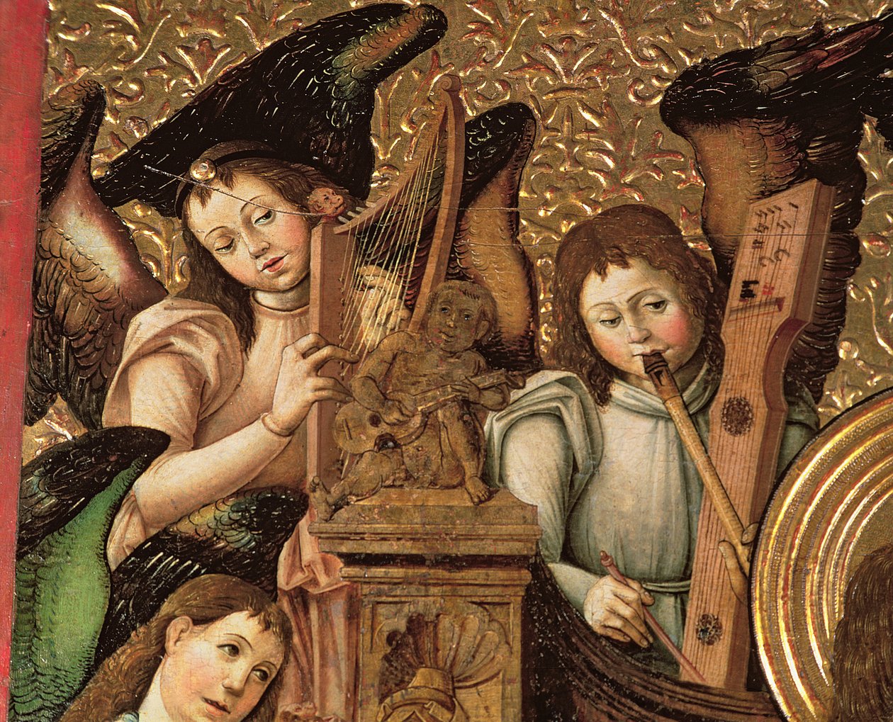 126-0035385 Painel Central de uma peça de Altar dedicada a São Vicente Mártir de Saragoça, detalhe de Anjos a tocar harpa, flauta e guitarra, c.1466-87 de Anonymous Anonymous