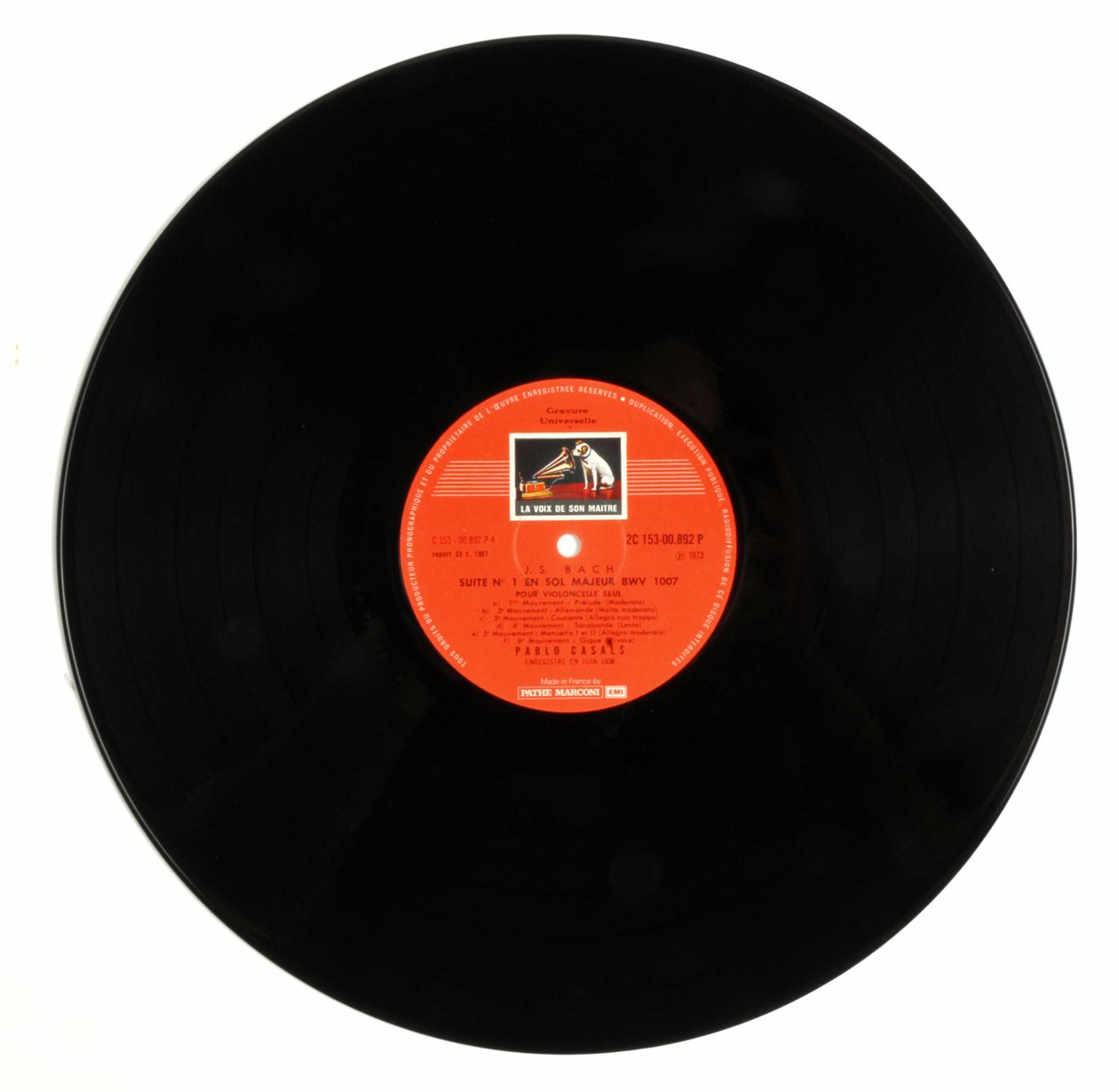 33 disco redondo (disco de vinil) da marca "EMI a voz do seu mestre" de Pablo Casals interpretando a suite de 6 violoncelos de Jean Sebastien Bach (Johann Sebastian Bach de Anonymous Anonymous
