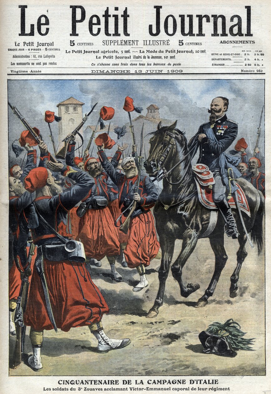 50º Aniversário da Campanha Italiana: os soldados do 3º Regimento de Zouaves aplaudem o Rei Victor Emmanuel III (Victor Emmanuel, Vittorio Emanuele 3) nomeados cabo do seu regimento após a Batalha da Palestina - "The Petity Journal" de 1 de Anonymous Anonymous