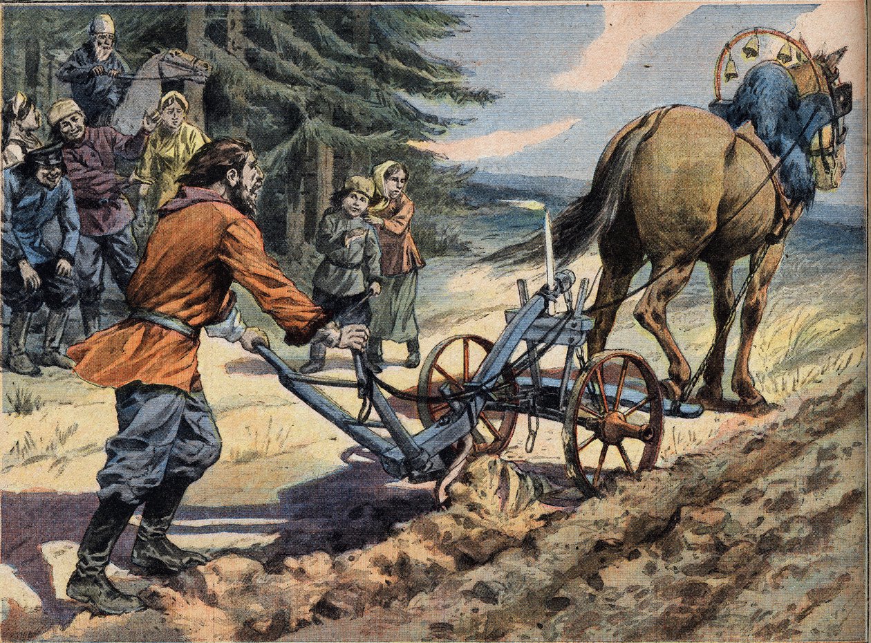 Um camponês russo lavrando o campo com a ajuda de um arado sobre o qual é colocada uma vela. Conte de Easter Engraving do jornal "Le Petro Parisien", em 19/04/1908. Colecção privada. de Anonymous Anonymous