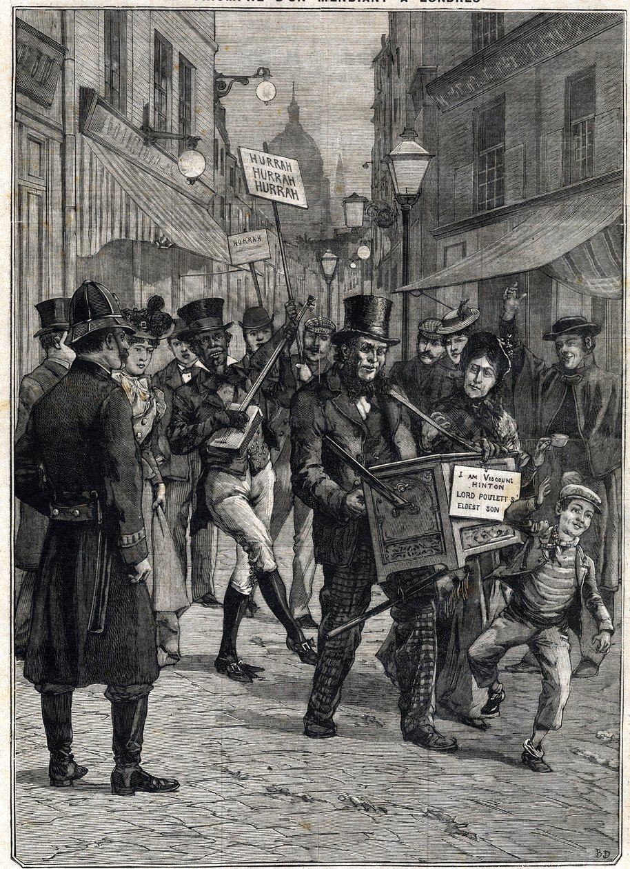 Um mendigo chamado Visconde Hinton, um bárbaro tocador de órgãos nas ruas de Londres, tornou-se milionário após a morte de seu pai Lord Poulett, que lhe alugou sua fortuna. Gravura. Em "Le Petite Parisien", a 12/02/1899. Colecção privada. de Anonymous Anonymous
