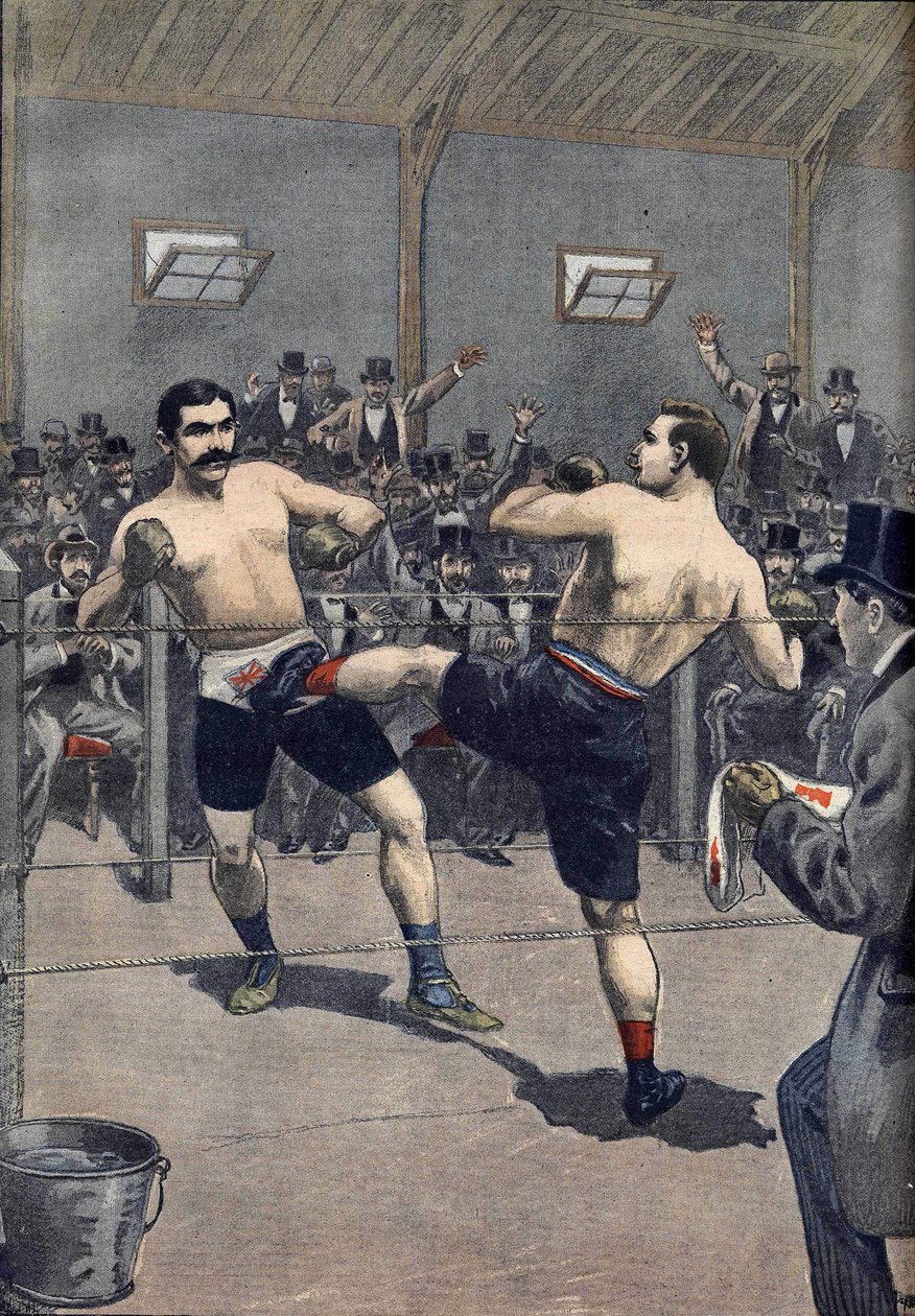 Um ataque de boxe: vitória do campeão francês Joseph Charlemont (1839-1918) contra Jerry Discroll com a técnica de "savate" no Le PetitJournal 1899 de Anonymous Anonymous