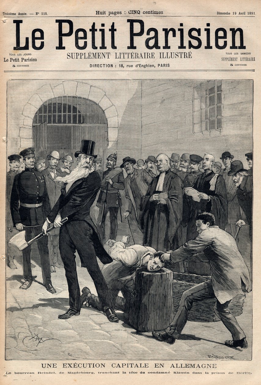 Uma execução de capital na Alemanha. O carrasco Friedrich Reindel (1824-1908) de Magdeburg, cortando a cabeça do condenado Klausin na prisão de Berlim. Gravura em "Le petit Parisien" de 19-04-1891. Coleção privada. de Anonymous Anonymous
