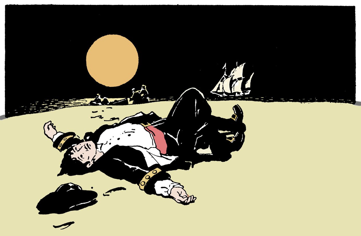 Um capitão morto por piratas é abandonado numa ilha, o navio pirata afasta-se no horizonte Ilustração de "The Boys Books of Pirates" 1913 de Anonymous Anonymous