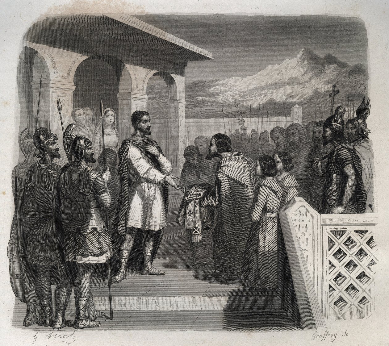 Uma delegação da cidade de Clermont oferece o episcopado a São Sidoino Apolinário (Caius Sollius Apollinaris Sidonius) político, eveque e escritor galo-romano (430-486). Gravura de 1846 em "Vidas dos Santos". Coleção privada. de Anonymous Anonymous