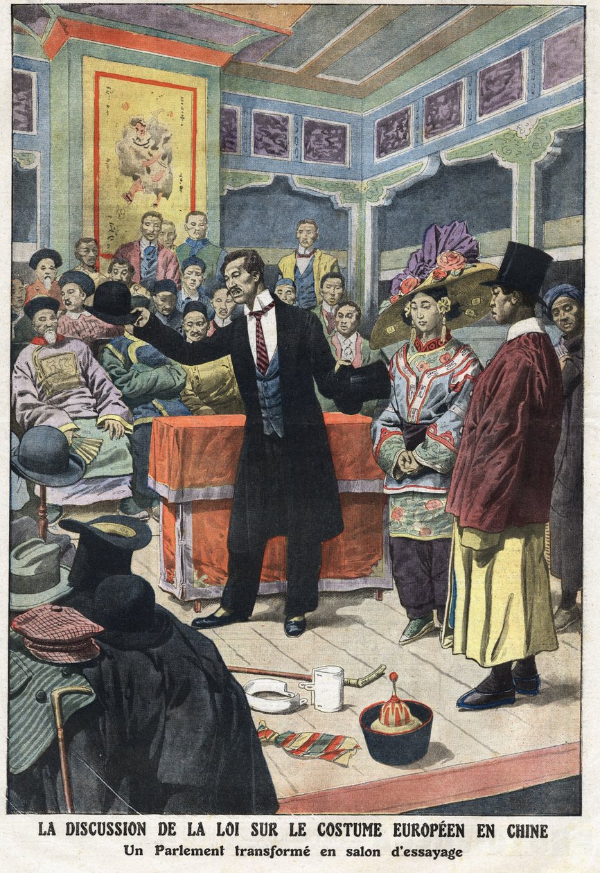 Numa sessão de discussão no parlamento chinês sobre a nova lei do vestuário europeu na China, um dos parlamentares apresenta um traje ocidental, com chapéus e melão. Ilustração retirada do "Le Petite Journal" 15/09/1912 Coleção privada. de Anonymous Anonymous