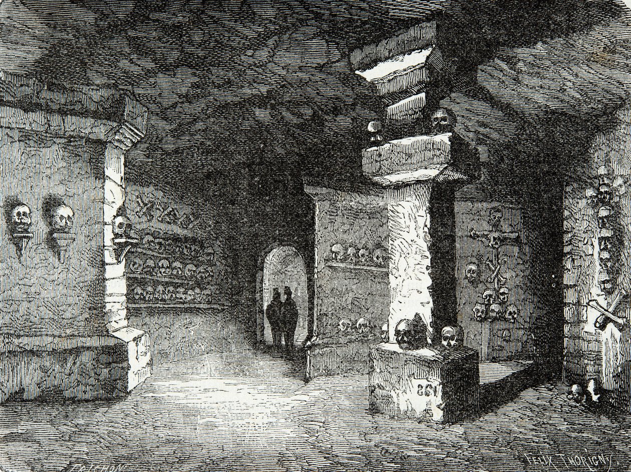 Uma galeria de catacumbas em Paris no século XIX, Gravura, Colecção privada de Anonymous Anonymous