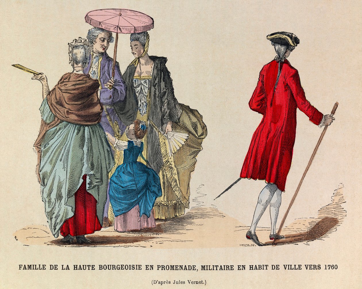 Uma alta família burguesa caminhando e um soldado em vestido de cidade em 1760 (regne of King Louis XV) - coleção particular de Anonymous Anonymous