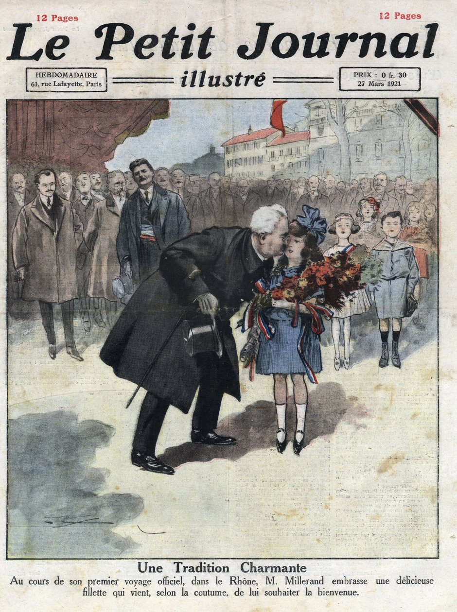 Uma menina oferece um bouquet de cores tricolores ao Presidente da República Alexandre Millerand durante uma das suas deslocações no Ródano. Ilustração retirada do "Le petit journal" de 27/03/1921. Coleção Particular de Anonymous Anonymous
