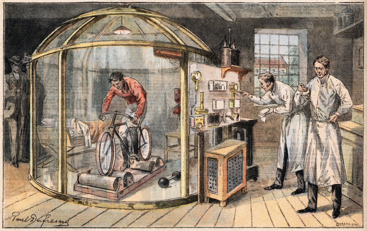 Um homem em sino: experiência sobre o gasto de energia humana realizada por cientistas ingleses. Gravura do jornal "Le Peute Parisien", em 24/05/1908. Colecção privada. de Anonymous Anonymous