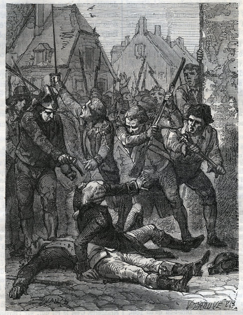 Uma cena durante o período da revolução francesa: Theobald de Dillon (1745-1792) e um oficial genial chamado Berthois, foram massacrados pelos soldados e pelo povo de Lille, que os acusaram de traição. Gravura de 1866 em "Histoire de la Revolution fr de Anonymous Anonymous