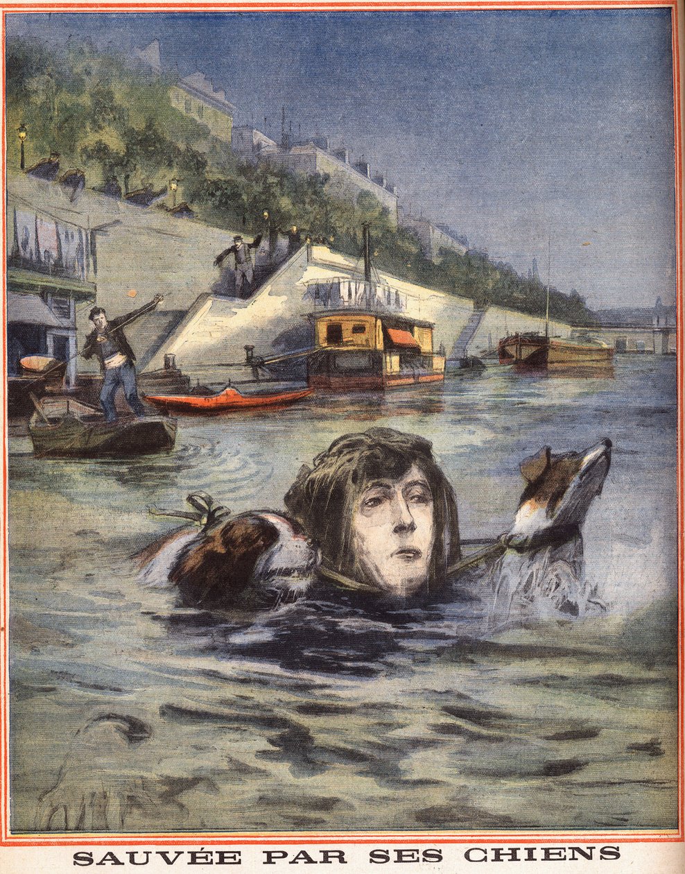 Uma mulher que cai no Sena é salva pelos seus cães em Paris. Gravura em "Le petit parisien" em 14/08/1910. Colecção privada. de Anonymous Anonymous
